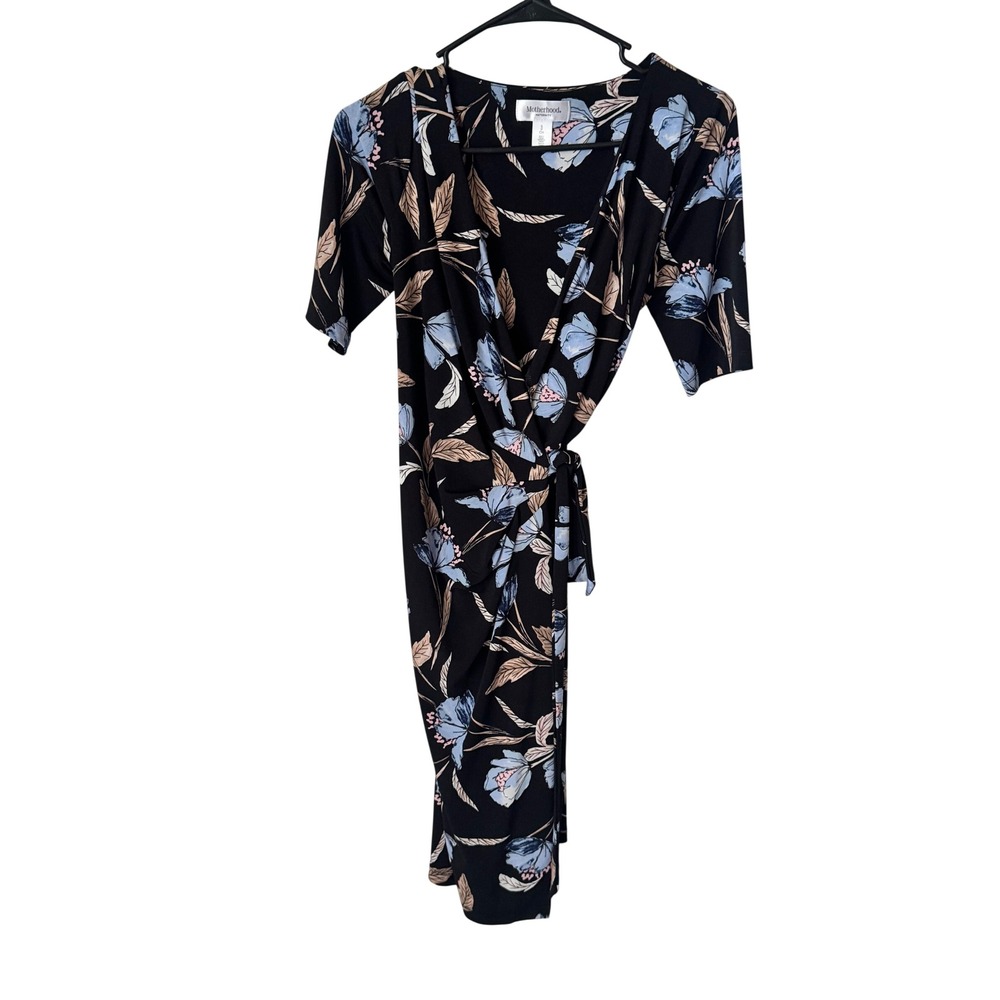 Motherhood Maternity Black Floral Wrap Dress Short Sleeve V-Neck Size S Small